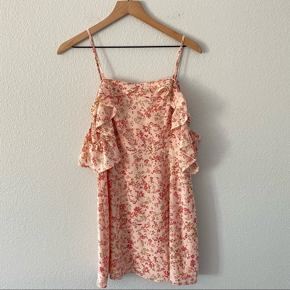 For Love & Lemons Floral Ruffle Mini Dress — Blush with Red Print